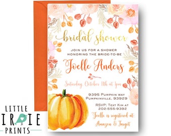 PUMPKIN Bridal shower invitation Fall Bridal shower invitation Autumn Bridal Shower invitation Watercolor pumpkin flowers invitation