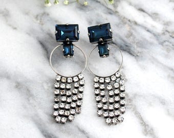 Blue Navy Earrings, Bridal Earrings, Blue Chandeliers, Blue Tassel Earrings, Statement Earrings, Antique Silver Bridal Earring,Blue Earrings