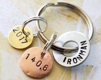 Triathlon Ironman Key Chain Gift with Hardware Washer, Copper Disc and Brass Disc