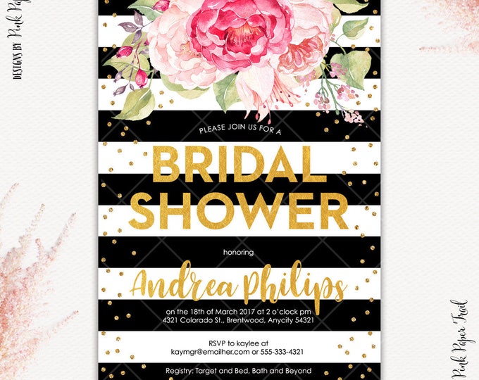 Floral Pink Black and Gold Fabulous Floral Glam Bridal Shower Bachelorette Party Printable Invitation