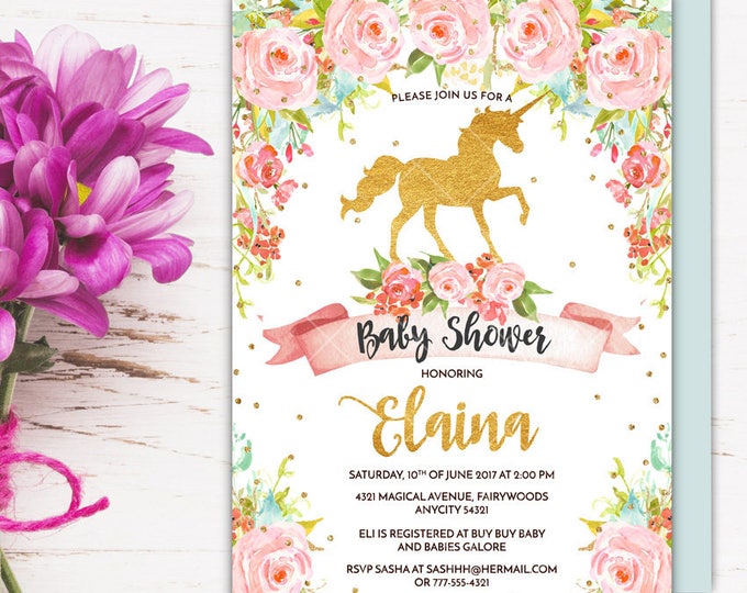 Unicorn Baby Shower Invitation, Magical Whimsical Enchanting Gold Glitter Floral Unicorn Printable Invitation, Girl Baby Shower Invite, V.2