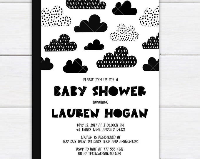 Cute Black and White Clouds and Rain Baby Shower Invitation, Black and White Modern Scandinavian Style Printable Invitation