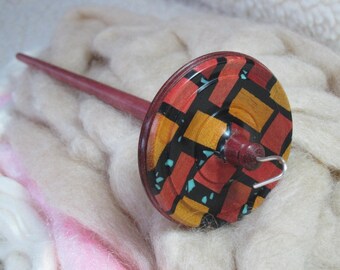 Drop Spindle in Pink Ivory, Yellowheart & Purpleheart Mosaic, Stained Glass Woods, Black InLace, Turquoise Nuggets by Silly Salmon Designs