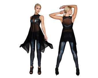 Set of Art Deco Babydoll & Leggings in Black Hologram Spandex, Sexy Dance Wear,New Year's Eve Party Outfit, Burning Man, by LENA QUIST