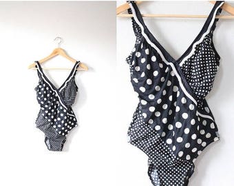 30% OFF SALE Vintage black polka dot one piece swimsuit // 80's black polka dot swimsuit // retro old school swimsuit // retro open back mod