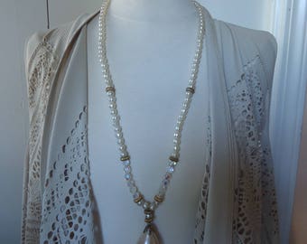 Vintage 31" Off-White Baroque Glass Pearl and Clear Glass Necklace w/ Large Teardrop Pearl Pendant and Gold Tone Accents