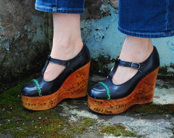 Vintage 70s Wedge Platform Wood Shoes
