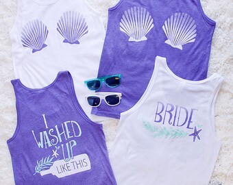 Mermaid Bachelorette Party shirts | I Washed Up Like This Shell Bra and Bride | Boyfriend Tank Beach Cover Up Style