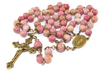 Marian Rosary, Pink Rhodonite Gemstone & Brass Catholic Woman's Rosary Beads