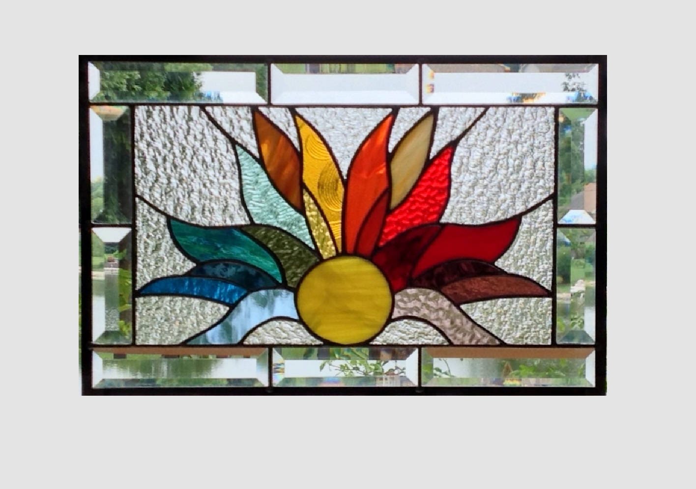 Rainbow stained glass panel window hanging flames sunray