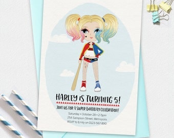 Harley Quinn Invitation, birthday invitation, kids invitation, Custom invitation, party invitation, superhero invitation, girl superhero