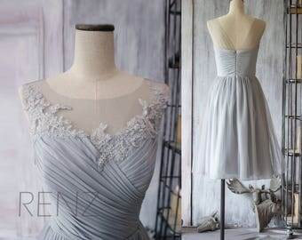 Medium Gray Bridesmaid Dress,Chiffon Cocktail Dress,A line Gray Prom Dress,Short Illusion Lace Wedding Dress,Formal Dress Tea Length(F149)