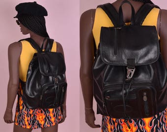 80s 90s Black Faux Leather Backpack/ 1980s/ 1990s/ Drawstring/ Bag