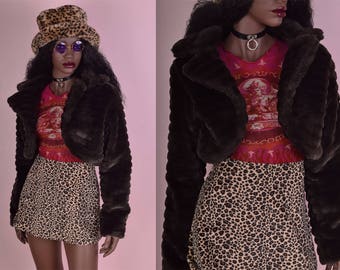 90s Brown Cropped Faux Fur Jacket/ Small/ 1990s