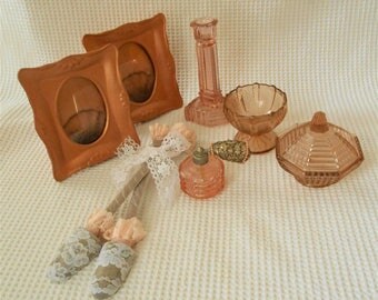 Rose Gold Pink Boudoir Table top 7 Piece Set Pink Rose Gold Glass set Vintage Storage Bedroom Bathroom