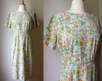 1950s 60s Floral Stunning Day Dress Mad Men Era M L