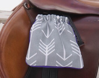Ready to Ship Stirrup Covers - Gray and Purple Arrows Print Reversible - Cozies // Bags