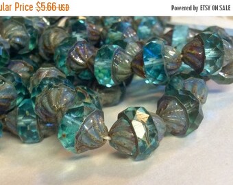 ON SALE Czech Faceted Turbine Bead 11mm x 10mm Aqua Blue Picasso Qty 10