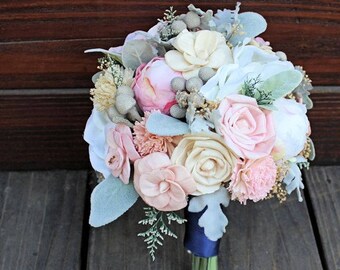 Keepsake Bridal Bouquet - Silk Flowers, Peony, Anemone, Sola Flowers, Wood Flowers, Wedding Flowers, Dusty Miller, Silver Brunia