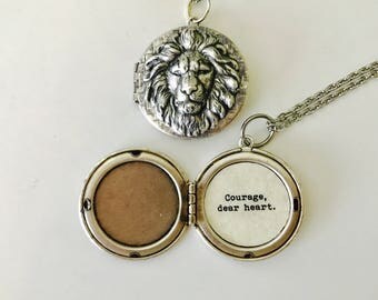 Courage, dear heart. Aslan Necklace. Aslan Locket. C.S. Lewis quote locket. Encouragement.