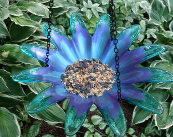 Large BLUE Hanging Bird Feeder Bird Bath, Recycled Glass