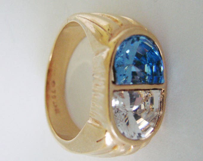 Designer Signed 18KT Gold Electroplate Mens Ring / CZ Stones / Sapphire Blue / Vintage Jewelry / Jewellery