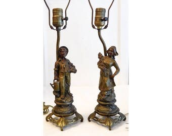 French Tole Boudoir Lamps Bronze "Jardinier" & "Bouquetiere" Signed M. Boutier ART NOUVEAU