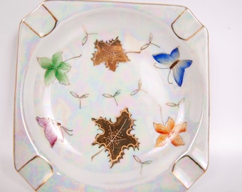 Vintage Lipper and Mann Ashtray Butterflies Leaves Lustreware Made in Japan Pearlescent Hand Painted