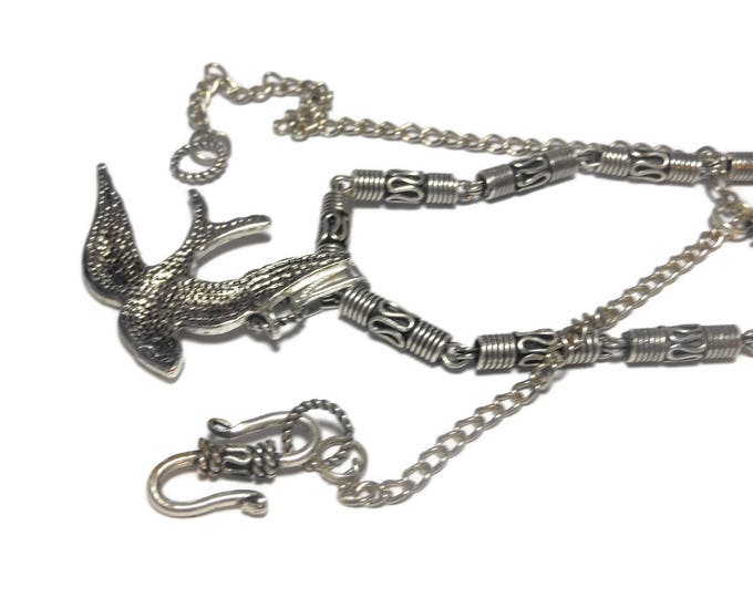 FREE SHIPPING Silver plated bird pendant, antiqued bird pendant on chain with round filigree tubes, S hook clasp, swallow
