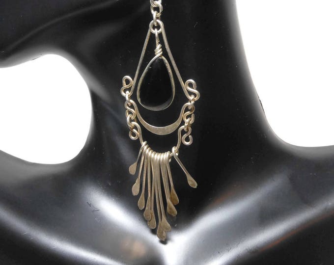 Black onyx silver earrings, plated or 800 silver, kidney backs, pierced drops, teardrop cabochon, spoon paddle dangles, Southwestern Mexican