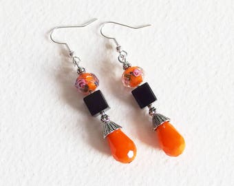 Boucles d'Oreilles - Fantaisie d'Halloween - Perles de Verre, Lampwork, métal argenté - Bijou créateur, fait main, pièce unique