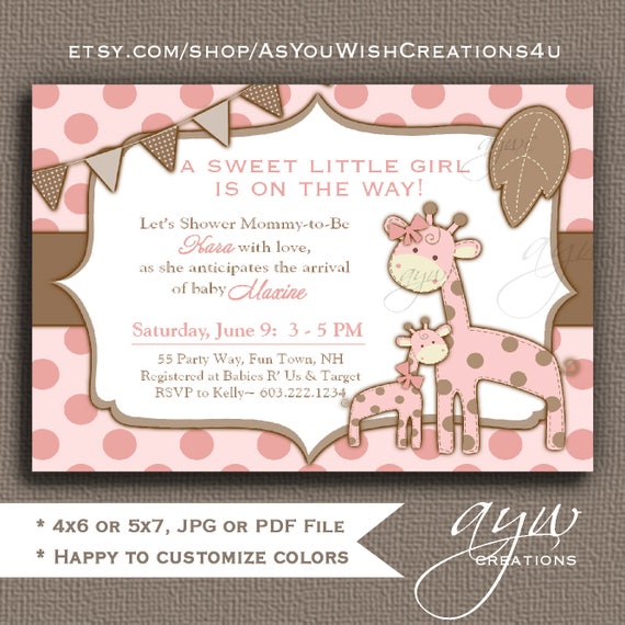 Giraffe Baby Shower Invitation Girl Invitation Giraffe Baby