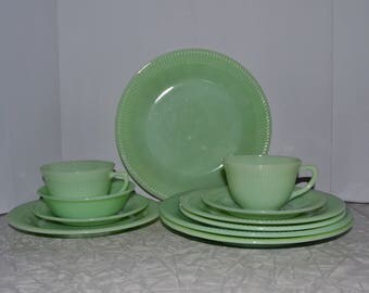 Fire King Jadeite Dinnerware Set ~ 11 piece set ~ Jane Ray Jadeite ~ Vintage Dinnerware Set ~ Mint Green ~ Epsteam