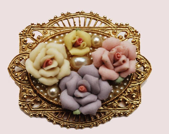 Porcelain Flower Brooch -Pink purple Yellow Roses - Gold filigree - White Pearl -Floral Pin