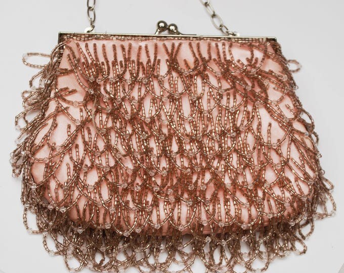 Pink Beaded Bag - signed China - toupe and clear dangle beads - vintage clutch purse - Silk - Handbag