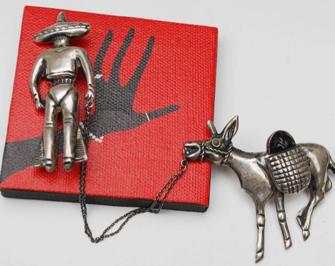 Sterling Mexico Chatelaine Pin - Silver Man pulling Donkey - Double Brooch - Signed Sterling Mexico - Onyx Jasper gemstone - figurine