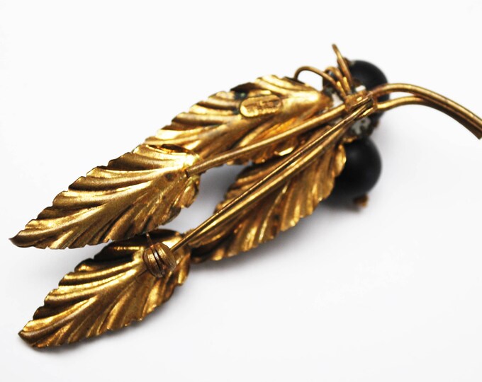 Leaf Brooch - Signed Austria - Rhinestone - Gold metal Black Enamel - crystal - Leaf Pin