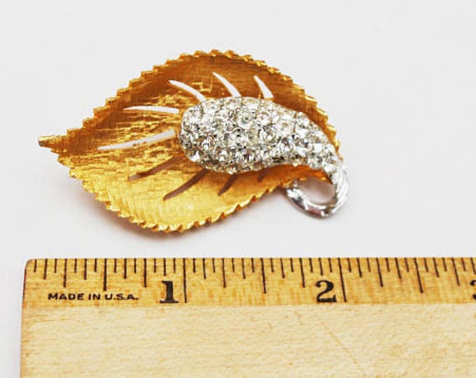 Rhinestone Leaf Brooch - Gold floral - mid century Flower pin