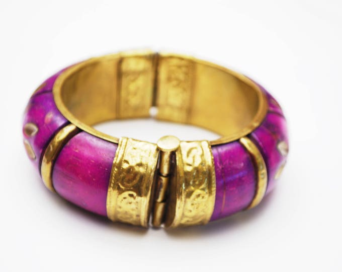 Purple Bone Brass Hinge bracelet - gold floral design - Boho chunky India bangle