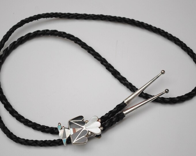 Thunderbird Bolo Tie - Gemstone inlay- Turquoise Onyx Coral Mother of Pearl - Leather - Sterling - SouthWestern - Zuni Tribal