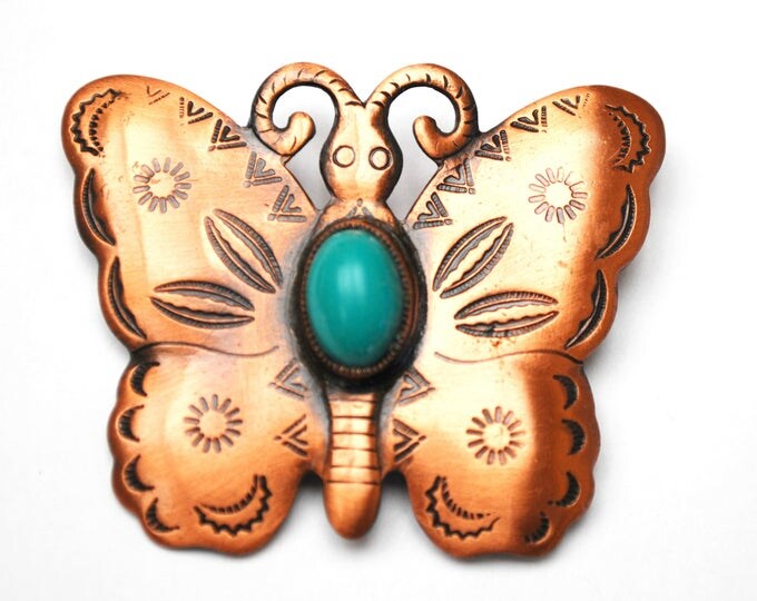 Copper Butterfly brooch- Signed Solid Copper -Turquoise cabochon - Insect figurine pin