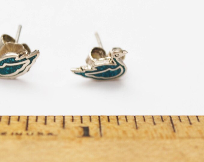sterling duck earrings - Turquoise inlay - Blue gemstone - Silver stud figurine pierced earrings
