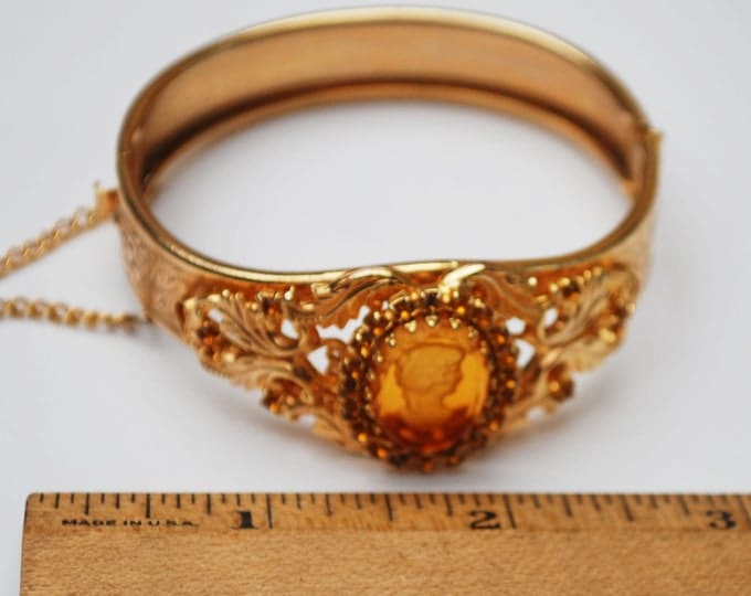 Intagio Cameo - Amber yellow orange glass - Reposse Gold Bangle - Victorian Revival - vintage gold plated Hinged bracelet - safety chain