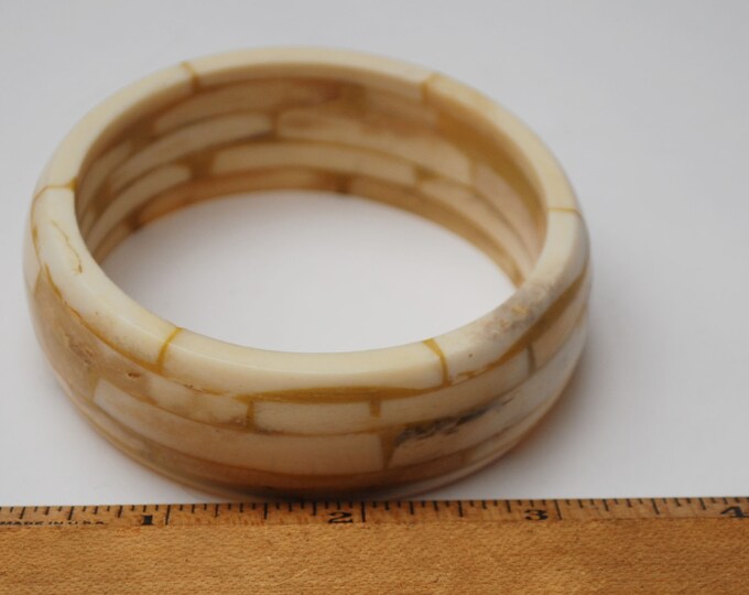 Chunky Bangle - White black - Carved Mosaic cream Bone - Boho Bracelet