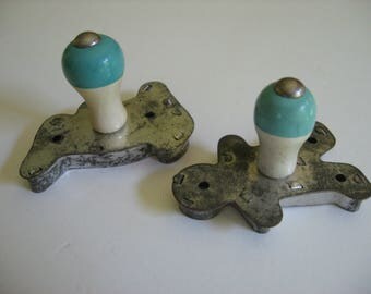 Vintage Miniature A&J Gingerbread Man and Rabbit Toy Cookie Cutters Wood Handle Knobs Turquoise White Mini