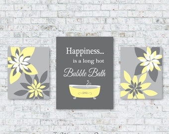 Bird bathroom decor | Etsy - ON SALE Modern Bathroom Art Prints Happiness is a Long Hot Bubble Bath //  Yellow, Gray - Bathroom Decor- Set of (3) Bathroom Flowers Art -U