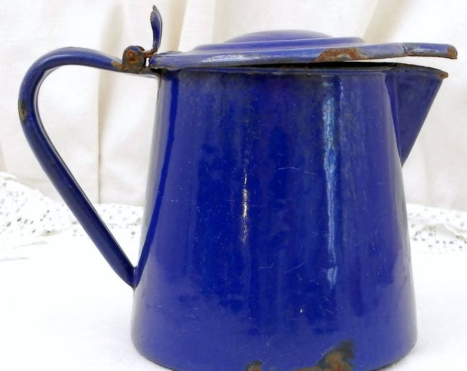 Antique European Bright Blue Chippy Enamelware Lidded Pitcher, Retro Kitchenware Enamel Milk Jug with Lid, Vintage Cottage Kitchen Decor