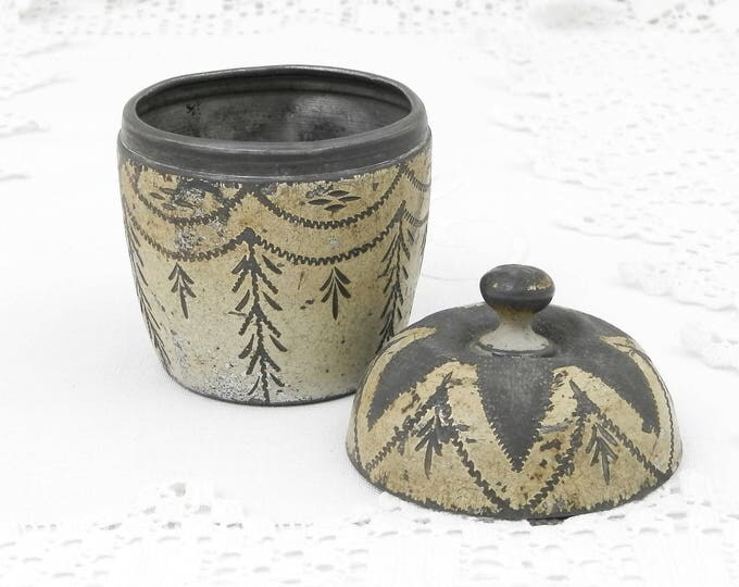 Antique French Napoleon III Pewter Alloy Engraved Round Metal Tin, 1880s Decorative Small Metal Caddie, Shabby Chateau Cottage Chic