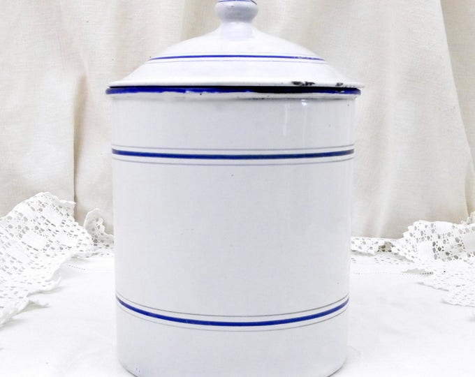Large Antique French Lidded Sugar Canister with Handle, Made by E.P.G.O in France White Enamelware Pot with Lid and Blue Bands, Cookware