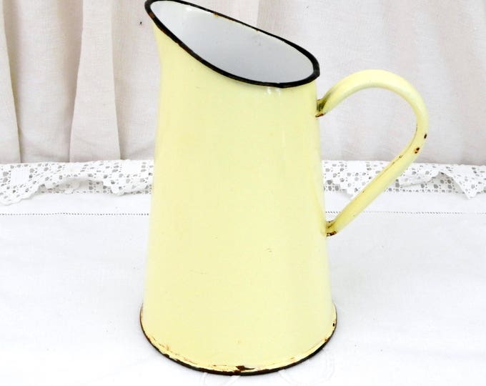 Antique French Buttercup Yellow Enamel Pitcher, Chippy Cottage Kitchen Enamelware Jug, French Country Chateau Shabby Chic, Vintage Decor
